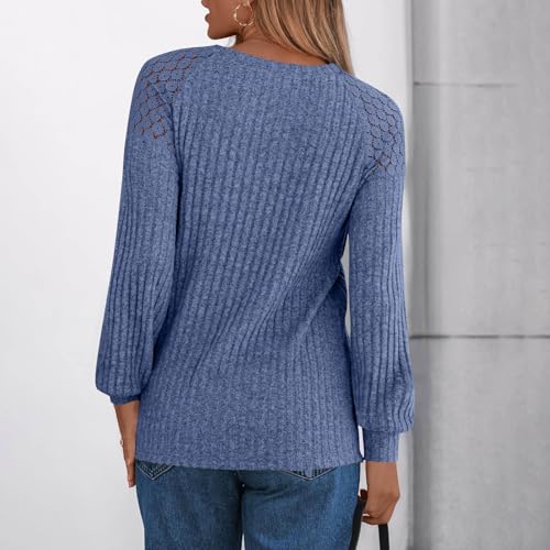 Ribbed Tops for Women Fashion Lace Hollow Out Long Sleeve Sweater Fall Knitted Solid Color Casual Crewneck Tunic 20254