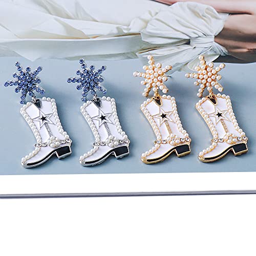 CZ Snowflake Cowgirl Boot Dangle Earrings for Women Girls Cubic Zirconia Star Shell Pearl Western Cowboy Statement Drop Dangling Stud Fashion Christmas Festival St.Patrick's Day Party Jewelry Gifts4