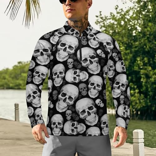 Watercolor Tattoo with Skull Element Men's Rash Guard Long Sleeves Quick Dry Fishing Workout Shirts with Zipper2