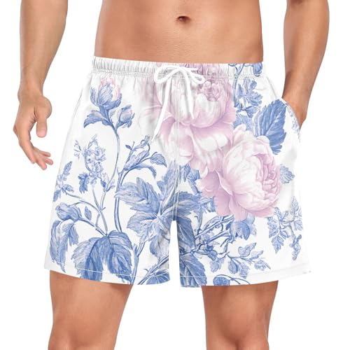 Mens Swim Trunks with Liner, Seamless Blue Floral Cool Quick Dry Beach Swim Shorts, Swimwear Bathing Suits S