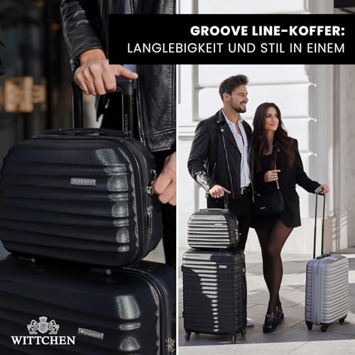 WITTCHEN Reisekoffer Groß Rollkoffer Trolley Großer Koffer Check-In Gepäck Hartschale aus ABS 4 Spinner-Rollen Zahlenschloss Groove Line Größe L schwarz Lufthansa/Eurowings/Ryanair
