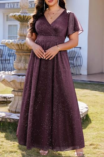 Image of Talisea Plus Size Formal Dresses - V Neck Flutter Sleeve Glitter Prom Evening Gowns Wedding Guest Chiffon Long Maxi Dress