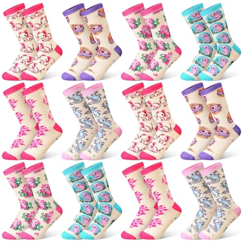 Bonuci 6/12 Pairs Cute Axolotl Socks Axolotl Lover's Gifts Idea for Women Funny Novelty Crew Sock for Axolotls Lover Stuff(12 Pairs)