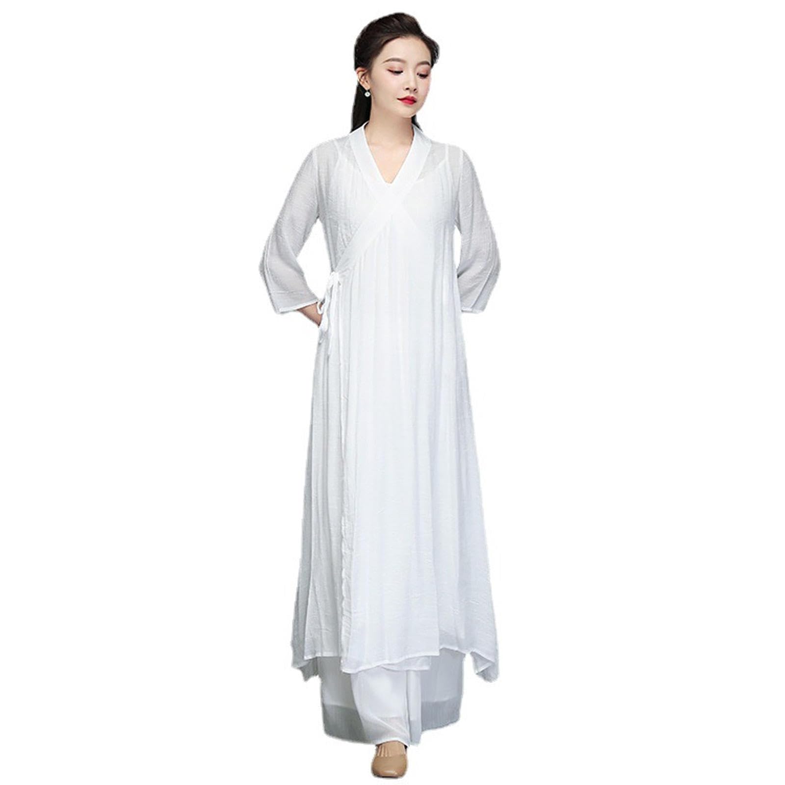 Damen Kung Fu Kampfsport Uniformen Baumwolle Leinen Tai Chi Kleidung Traditioneller chinesischer Zen-Meditationsanzug Morgengymnastik-Outfit,White-XL