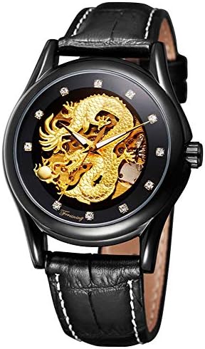 carlienMen's Dragon Collection Limited Luxury Carved Dial Golden Mechanical Waterproof Wrist Watch (Black)