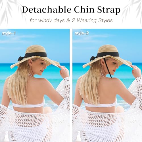 Image of Beach Hats for Women - Sun Hat Womens, Wide Brim Straw Womens Sun Hat with Wind Lanyard Roll Up Foldable UV Protection