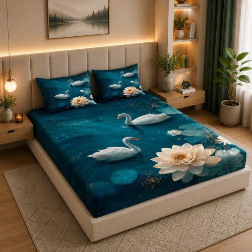 Image of 7D Digital Printed King Size Bedsheet with 2 Pillow Covers | Soft Premium Cotton Feel Microfiber Double Bed Bedsheet | Wrinkle Free & Fade Resistant | (Blue Duck, King Size - 90 x 100)