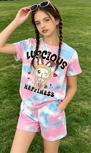 Image of Girls Clothes 2PCS Butterfly Print Short Sleeve T-Shirt + Shorts Set Teen Tween Girls Summer Outfits Set
