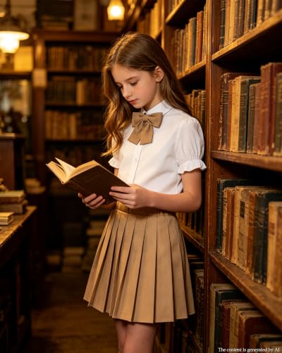 Image of Betusline Girls Skirt Set JK School Uniform 2-Piece Outfit - Short Sleeve Shirt with Bow & Pleated Skirt 4T-14Y
