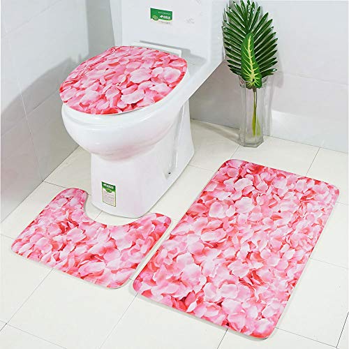 LAOSHIZI Nouveau Tapis de Bain Doux Antidérapant La Pétale de Rose 3 pièces Ensemble de Tapis de Salle de Bain Contour WC Couverture de Toilette Siège Pétales Roses Cover