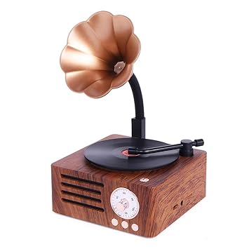 Retro Gramophone Speaker with Wooden Body, Metallic Horn