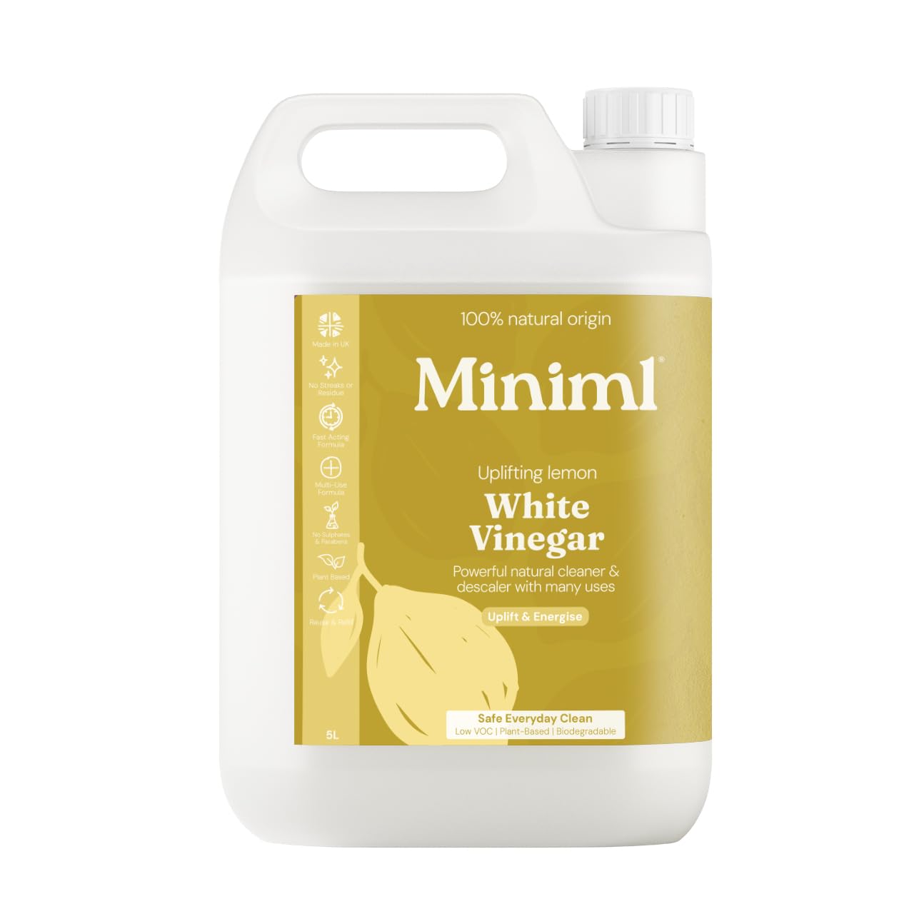 Eco White Vinegar Cleaning Sorrento Lemon Scented - All Natural Multi-Surface & Multi-Purpose Cleaner, Limescale Remover, Laundry Softener & More - 100% Vegan & Cruelty Free (5L (Pack of 1))