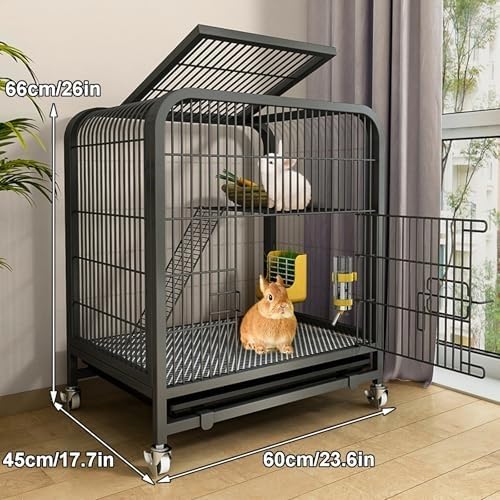 Jaula de conejo para interiores con bandejas extraíbles profundas y ruedas universales de 360°, diseño de doble puerta, red de alambre de metal audaz