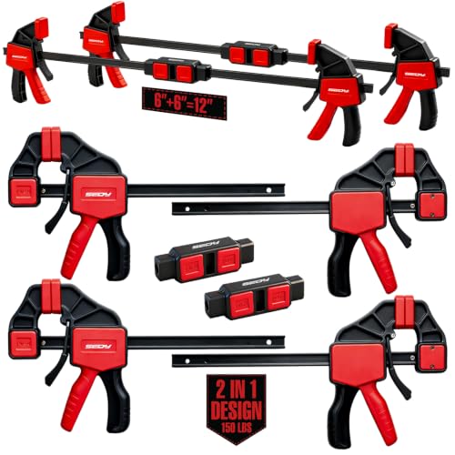 6-Pack 6 Inch Bar Clamps for Woodworking with Clamp Connector, 6' Quick-Release Wood Clamps with 150 LBS Load Limit, Tri