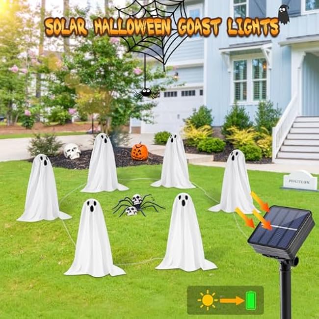 Halloween Decorations, 6 Pack 18.9'' High Solar Small Ghost String Stake Lights 12.8 FT, White Small Cloth Ghost Stakes with 8 Lighting Modes and Waterproof Outdoor Garden/Yard Path Lights, Clod Light