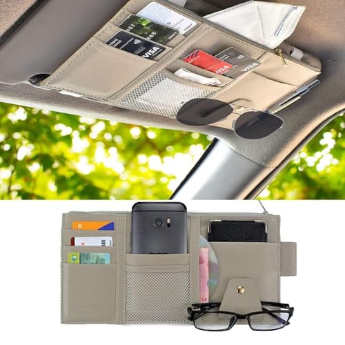 Car Visor Organizer with Zipper – PU Leather Sun Visor Pouch for Cards, Sunglasses, Pens & Small Documents – Car Storage Accessory with Mesh Pockets