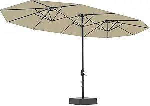 15FT Large Patio Umbrella with Base Included, Double-Sided Outdoor Market Rectangle Umbrellas Oversized Shade for 2-8 People, Weighted Base for Pool, Deck, Backyard (Beige)