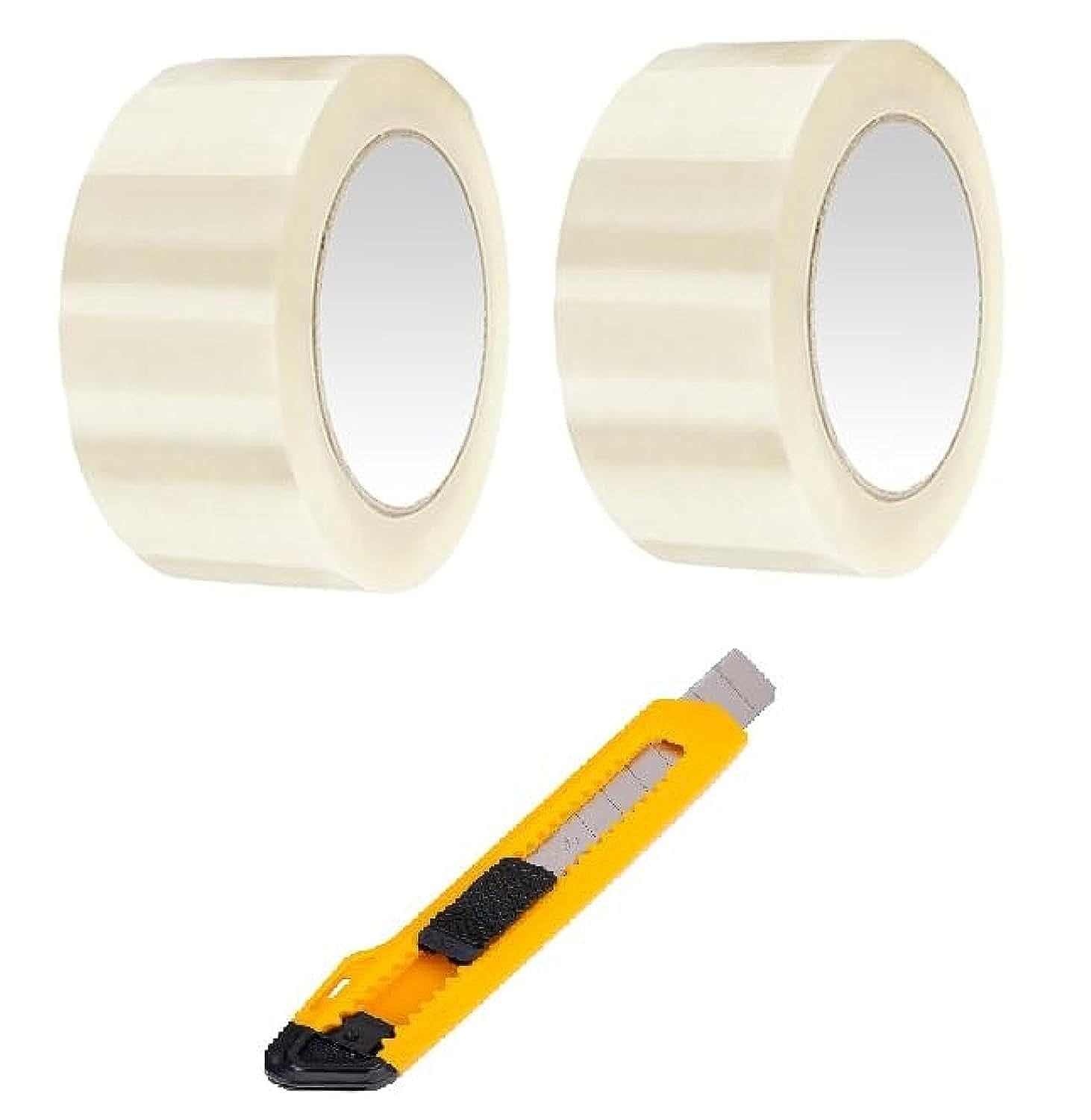 Pack of 2 Heavy Duty Clear Packing Tape (2 Inch Wide x 100 Yards) with Auto Lock Handy Cutter for Office, Shipping, Moving and Storage