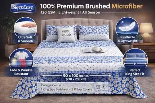 Image of Cotton Feel King Size Flat Bedsheet for Double Bed (90 x 100 Inches | 230 x 250 cm) with 2 Pillow Covers | Soft & Smooth Printed Bedsheet for Daily Use (White Lily, King Bed-90x100)