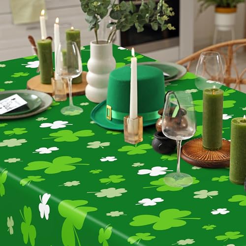 Image of 12 PCS St Patricks Day Tablecloth, Disposable 108 inch X 54 inch Shamrock Green Plastic Tablecloths, Lucky Shamrock Decor St Patricks Day Decorations for Table, Rectangle Irish Table Cover for Green Party
