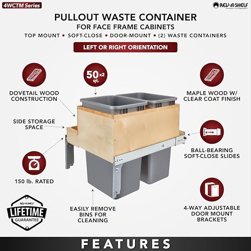 Rev-A-Shelf Top Mount 4WCTM-2450BBSCDM-2 Doppelauszug unter dem Schrank, 50 Quart Küchenabfalleimer mit Absenkautomatik für Schrank mit voller Höhe, 68 kg belastbar, Vollauszug – Bild 3