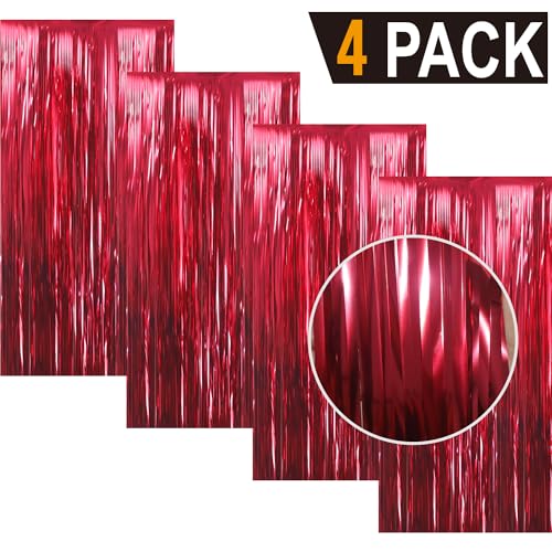 Image of GOER Burgundy Metallic Tinsel Foil Fringe Curtains for Party Photo Backdrop Wedding Decoration 4 Pieces