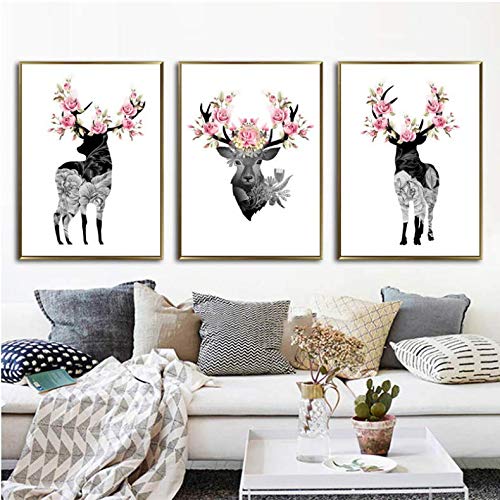 Tableau cerf noir et blanc style aquarelle pour décoration murale salon