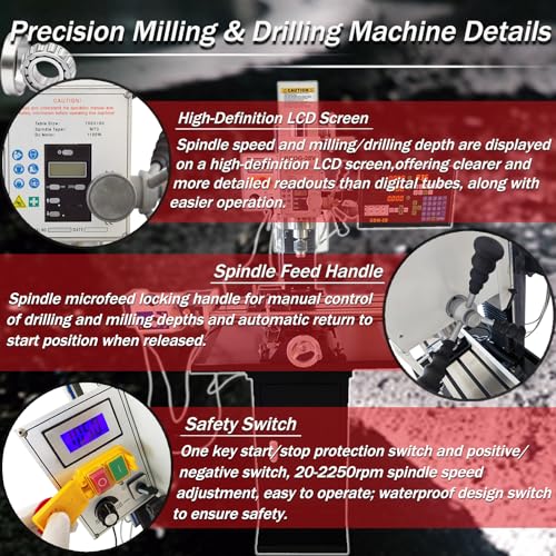Yokoma Benchtop Milling Drilling Machine Mini Mill Drill Machine MT3 Spindle Precision Mill Drill for Metal Wood Plastic Variable Speed 20-2250rpm 1100W Brushless Motor 110V - Image 4