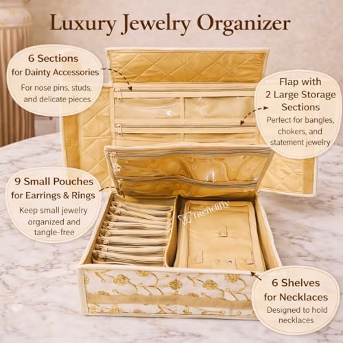 Image of Trendifly Silk Royal Flower Design Jewellery Organiser Bag | Travel Makeup Cosmetic Jewelry Storage Organizer Box For Bridal Women Earrings Bracelet Necklace (Cream Tikki)