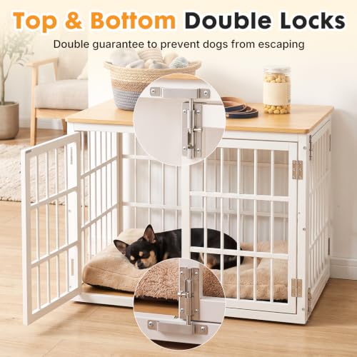 Image of NEWBULIG 38 Inch Dog Crate Furniture for Small Dogs, Space Saving Pet House End Table with Double Lock Door, Heavy Duty Indoor Kennel for Living Room, White & Wood
