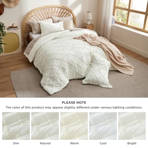 Bedsure Boho Comforter Set Queen - Ivory Tufted Queen Size Comforter, 3 Pieces Farmhouse Shabby Chic Embroidery Bed Set, Soft Fluffy Geometric Pattern Bedding for All Seasons