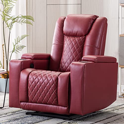 Red ANJ Electric Power Recliner Chair with USB Ports and Cup Holders - Soft Leather Home Theater Seating with Hidden Arm Storage