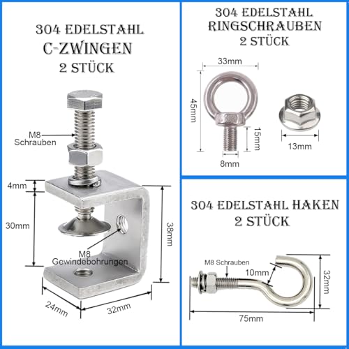 LEAUM Edelstahl C-Zwingen 6 Teiliges Set, C Klemme Kieferöffnungen 30mm Fixierzange Einstellbar Klemmbereich ist 0-25mm mit Edelstahl Haken und Ringschrauben für Holzarbeiten, Schweißen und Tischlerei