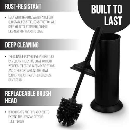 Image of Splash Home Kolva Stainless Steel Toilet Brush with Holder, Bowl Scrubber with Durable Cleaning Bristles, Hidden Brush with Splash Protective Disc Design - Matte Black