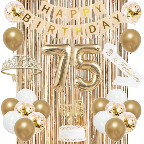 Image of Trgowaul 75th Birthday Decorations for Women, Banner, Sash and Crown, Cake Topper, 75 Number Balloon, Fringe Curtains, Champagne Gold 75th Birthday Party Supplies