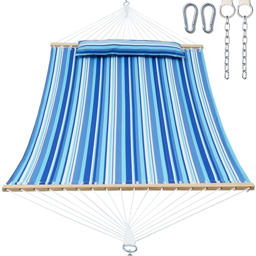 Image of GAFETE Hammock 2 Person Quilted Fabric Hammocks for Outside, Double 12ft Hammocks with Spreader Bar, Large Removable Pillow, Storage Bag, Carabiners, Max 475 lbs Capacity (Ocean Blue)
