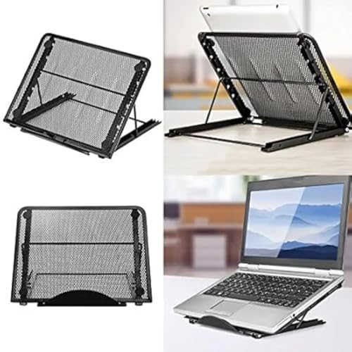 Image of Tithu Mart Metal Mesh Adjustable Laptop Stand, Ventilated Stainless Steel Laptop Holder, Ergonomic Height Adjustable Desk Stand, Portable Cooling Laptop Riser for Universal Laptops (Black)