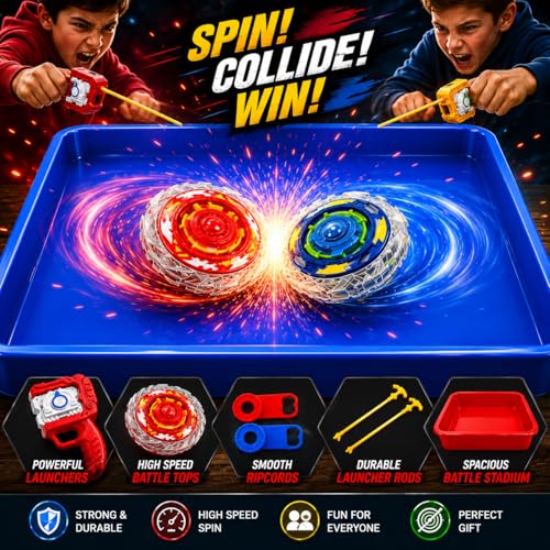 Image of PLUSPOINT Spining Battle Top Toy Set of 2 Tops and 1 Tray with Launcher and Grip, Metal Gyro Fighting Tops Starter Set for Kids, Competitive Spin Game Toy Gift for Boys and Girls Age 6+