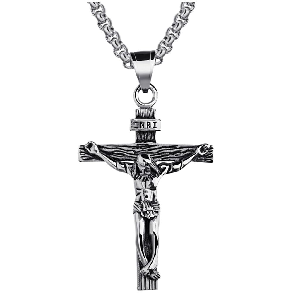 Hotaden Men's Silver 1Pc Sterling Crucifix Cross Pendant Necklace Cross Pendant Chain Necklace Gift
