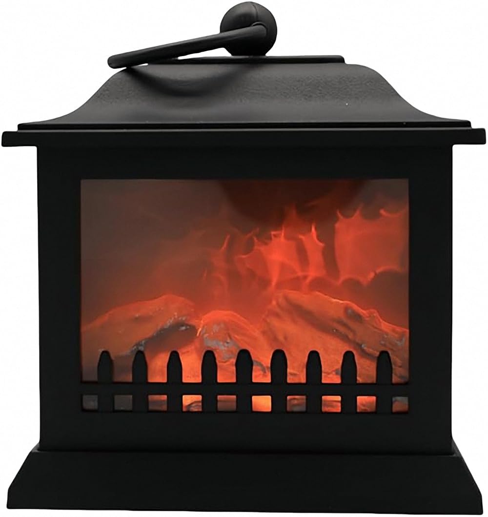 Small Cozy Fireplace Lantern Traditional Realistic Log Wood Burning Flame Effect Ligh LED Charcoal Style Table LampFor Indoor & Outdoor Use