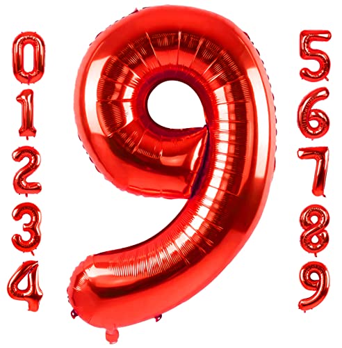 40 Inch Large Red Number 9 Balloon Extra Big Size Jumbo Digit Mylar Foil Helium Balloons for Birthday Party Celebration Decorations Graduations Wedding Anniversary Baby Shower Supplies Photo Shoot