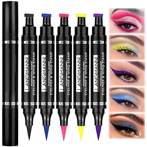 5 Colors Eyeliner Stamps Set Winged Liquid Eyeliner Waterproof Dual-ended Eyeliner Stamp Tool Wingliner, Colored Matte Eyeliner Stencils for Women Long Lasting & Smudge-proof