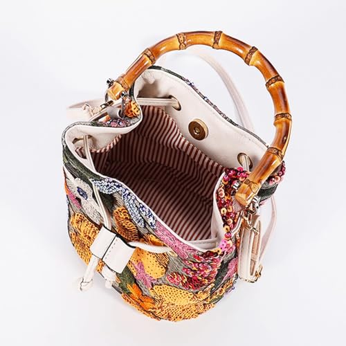 Image of Crossbody Bags for Women, Beach Bag, Hand Embroidered Tot Bag, Bamboo carry handle Bucket bag, Bohemian Handbags Suitable for Vacation Travel Daily Matching