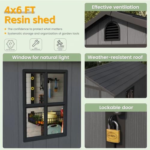 Image of Patiowell 4 x 6 Resin Storage Shed with Floor, Outdoor Plastic Garden Shed with Lockable Door & Window, Easy Assembly Tool Shed for Backyard, Dark Gray