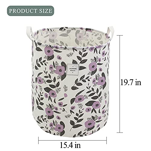 Mziart Collapsible Laundry Basket, Floral Printing Large Laundry Hamper For Baby Girls Kids Toys Clothes Organizer Foldable Storage Bin Waterproof Canvas Nursery Storage Basket With Handles (Purple) #TOP1