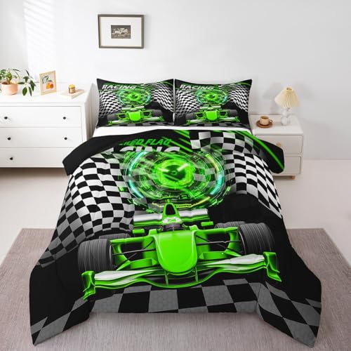 Image of Feelyou Kids Green Racing Car Bedding Set Twin Size, Extreme Sports Comforter Set Boys Girls Karting Road Duvet Insert Teens Bedroom Decor Microfiber Bed Set
