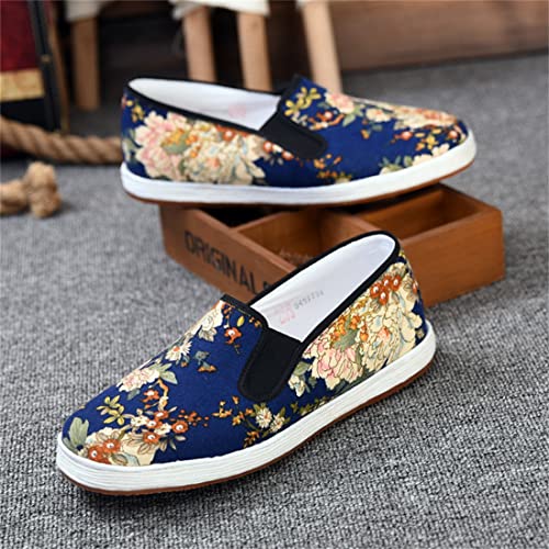 Chinese Traditional Old Beijing Handmade Melaleuca Sole Flower Cloth Shoes,Men's Fashion Pattern Casual Cloth Shoes,Blue,10.54