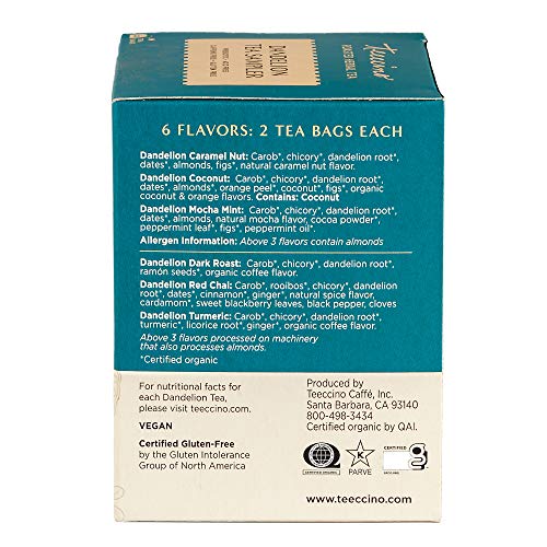 Teeccino TEE43001 Dandelion Tea Sampler – Caramel, Coconut, Dark Roast, Mocha Mint, Red Chai, Turmeric – Roasted Herbal Tea That’S Caffeine Free & Prebiotic thumb #1