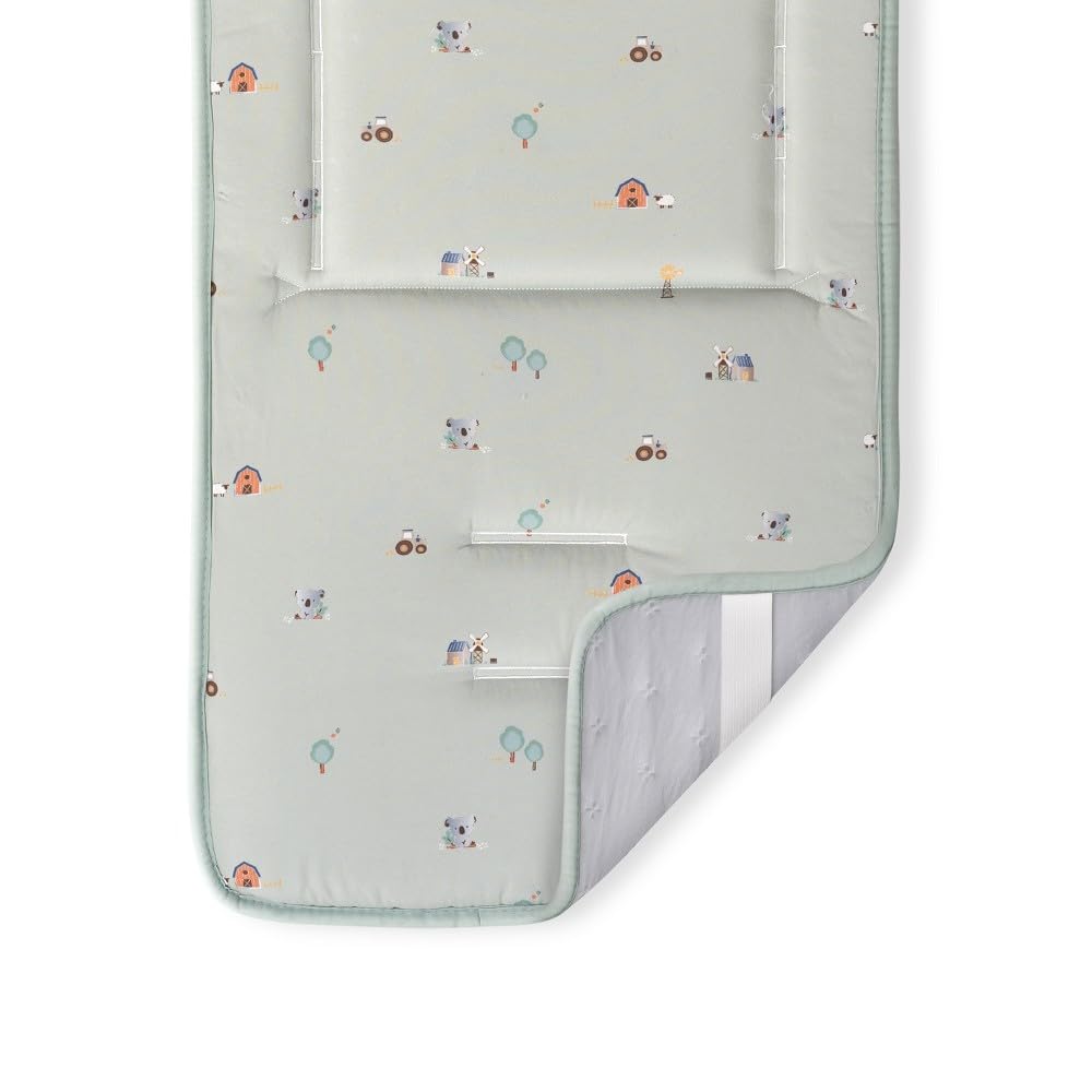 Interbaby - Colchoneta para Silla de Paseo Universal Reversible, Estampado Granja Koala Verde y Reverso Liso, Cojín de Verano para Cochecito y Asiento de Carro