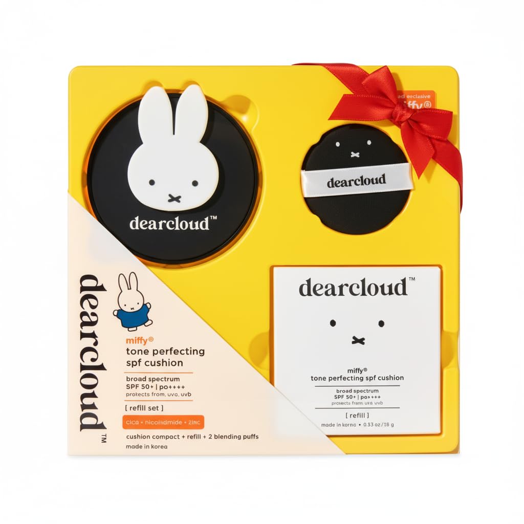 dearcloud Miffy Dear Sun Tone Perfecting SPF Cushion Refill Set SPF 50+ – Color Adapting Sunscreen, Korean Sunscreen SPF 50 (.53 oz)